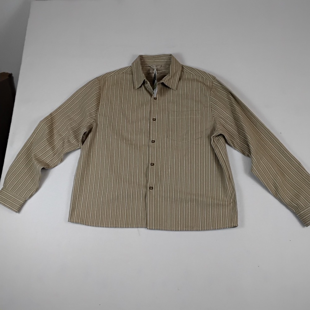 Distortion Mens Striped Long Sleeve Flannel Button Up Shirt Tan Cream M NWT